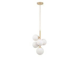 Miniaturka 7 - Lampa wisząca Perla 5 złoty beż z pięcioma białymi szklanymi kulami i rozetą sufitową