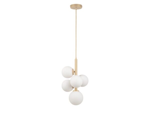 Lampa wisząca Perla 5 złoty beż z pięcioma białymi szklanymi kulami i rozetą sufitową