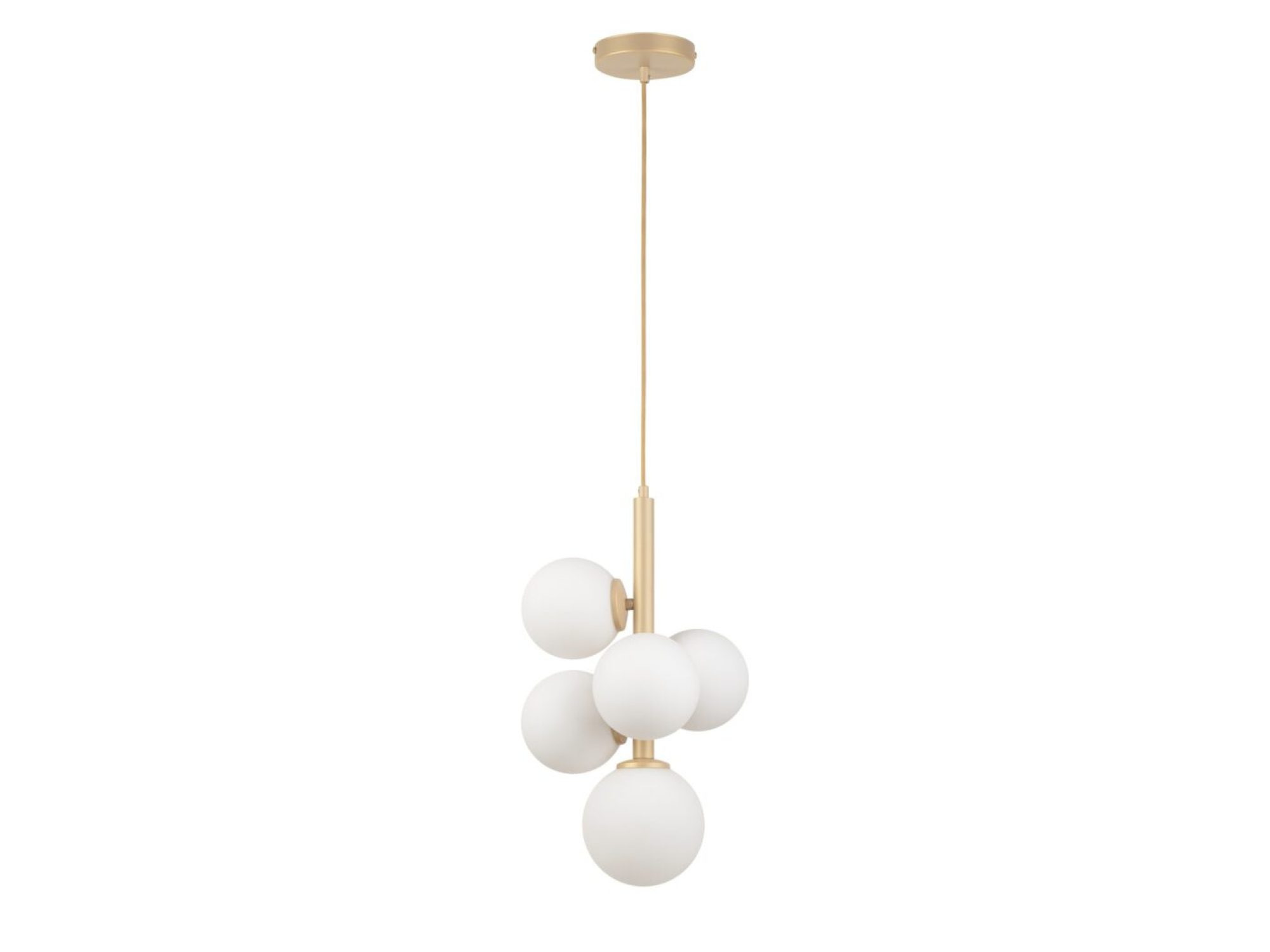 Lampa wisząca Perla 5 złoty beż z pięcioma białymi szklanymi kulami i rozetą sufitową