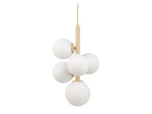 Miniaturka 1 - Lampa wisząca Perla 5 złoty beż, zbliżenie pięciu kulistych kloszy i stalowego trzonu