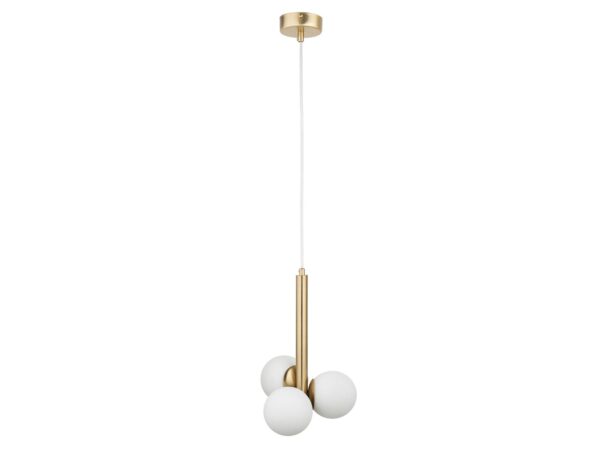 Lampa wisząca Perla Lux 3 z trzema białymi kulistymi kloszami szklanymi i złotym korpusem, pełny widok.