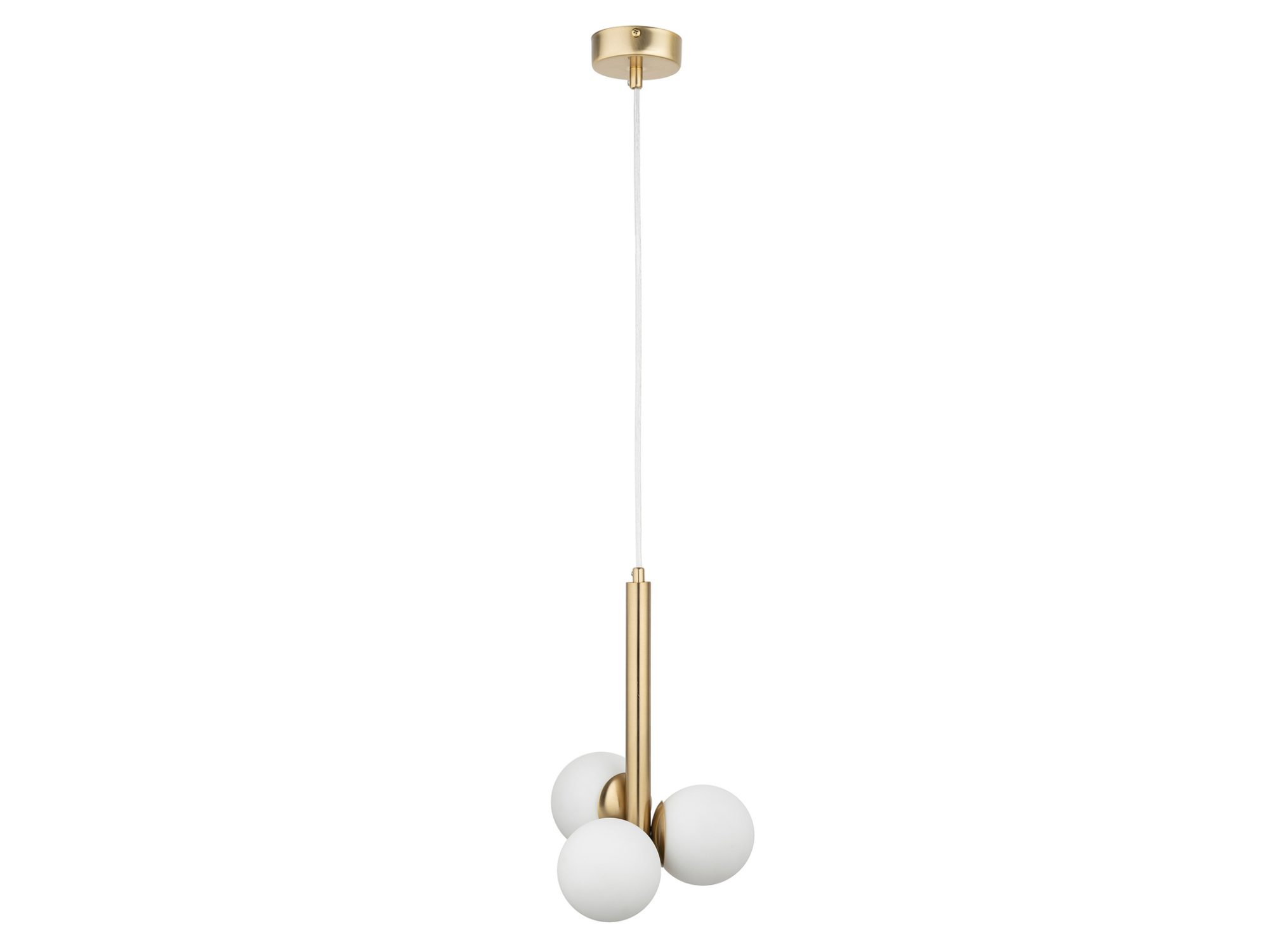 Lampa wisząca Perla Lux 3 z trzema białymi kulistymi kloszami szklanymi i złotym korpusem, pełny widok.
