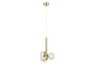 Miniaturka 2 - Lampa wisząca Perla Lux 3, trzy przezroczyste kuliste klosze szklane i złoty korpus, pełny widok.