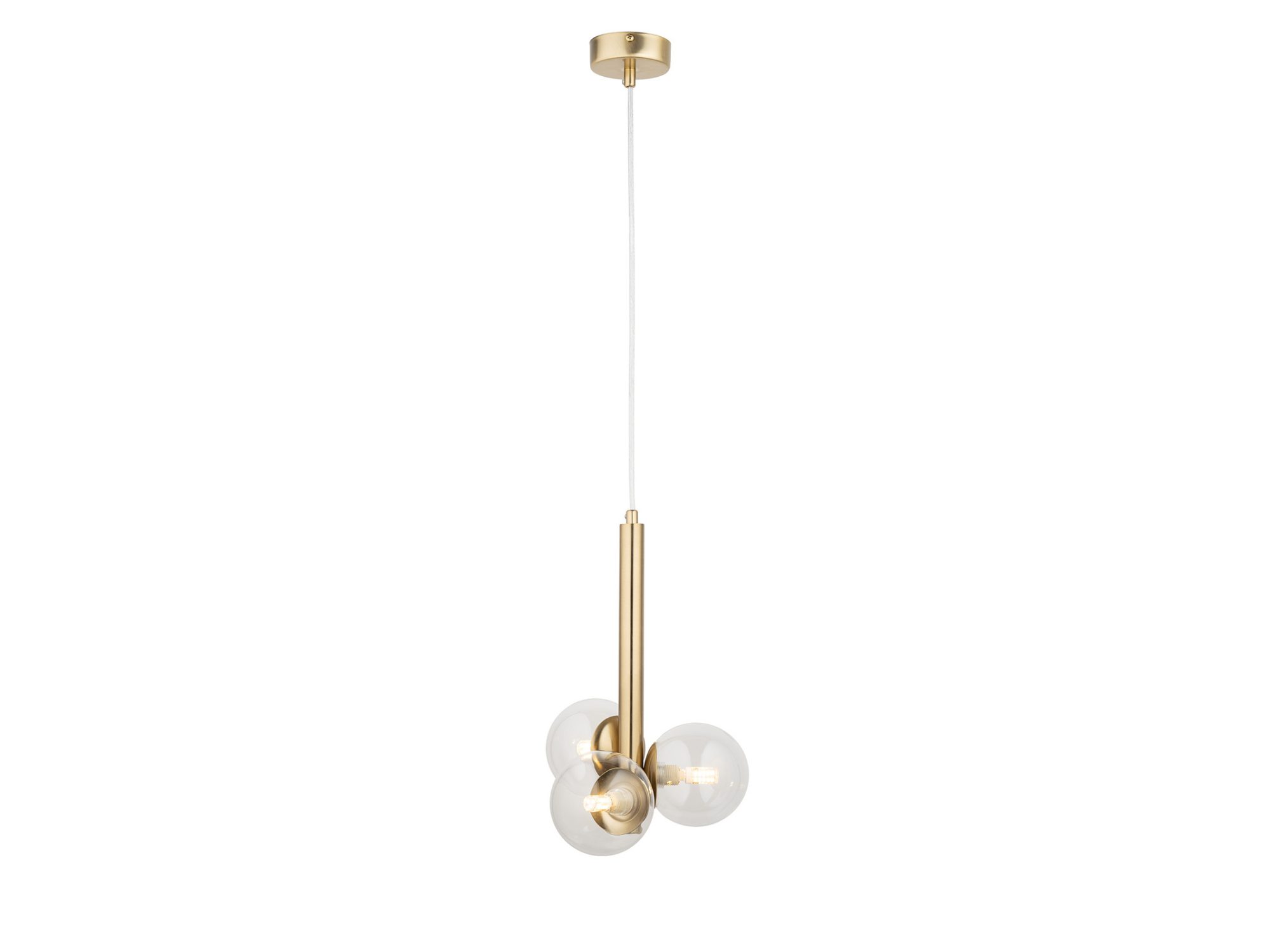 Lampa wisząca Perla Lux 3, trzy przezroczyste kuliste klosze szklane i złoty korpus, pełny widok.