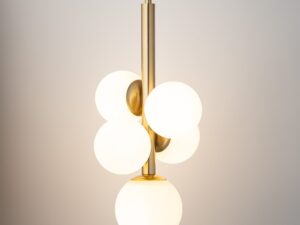 Miniaturka 2 - Lampa wisząca Perla Lux 5 detal białych kul i szczotkowanego złotego stelaża