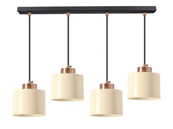 Lampa wisząca Perovina czarna z czterema jasnymi stalowymi kloszami i miedzianymi akcentami