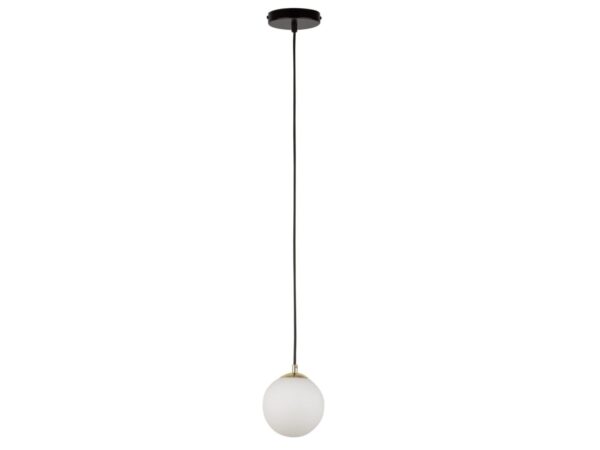Lampa wisząca Piano 1 z białym kulistym kloszem, czarnym przewodem i złotym mocowaniem