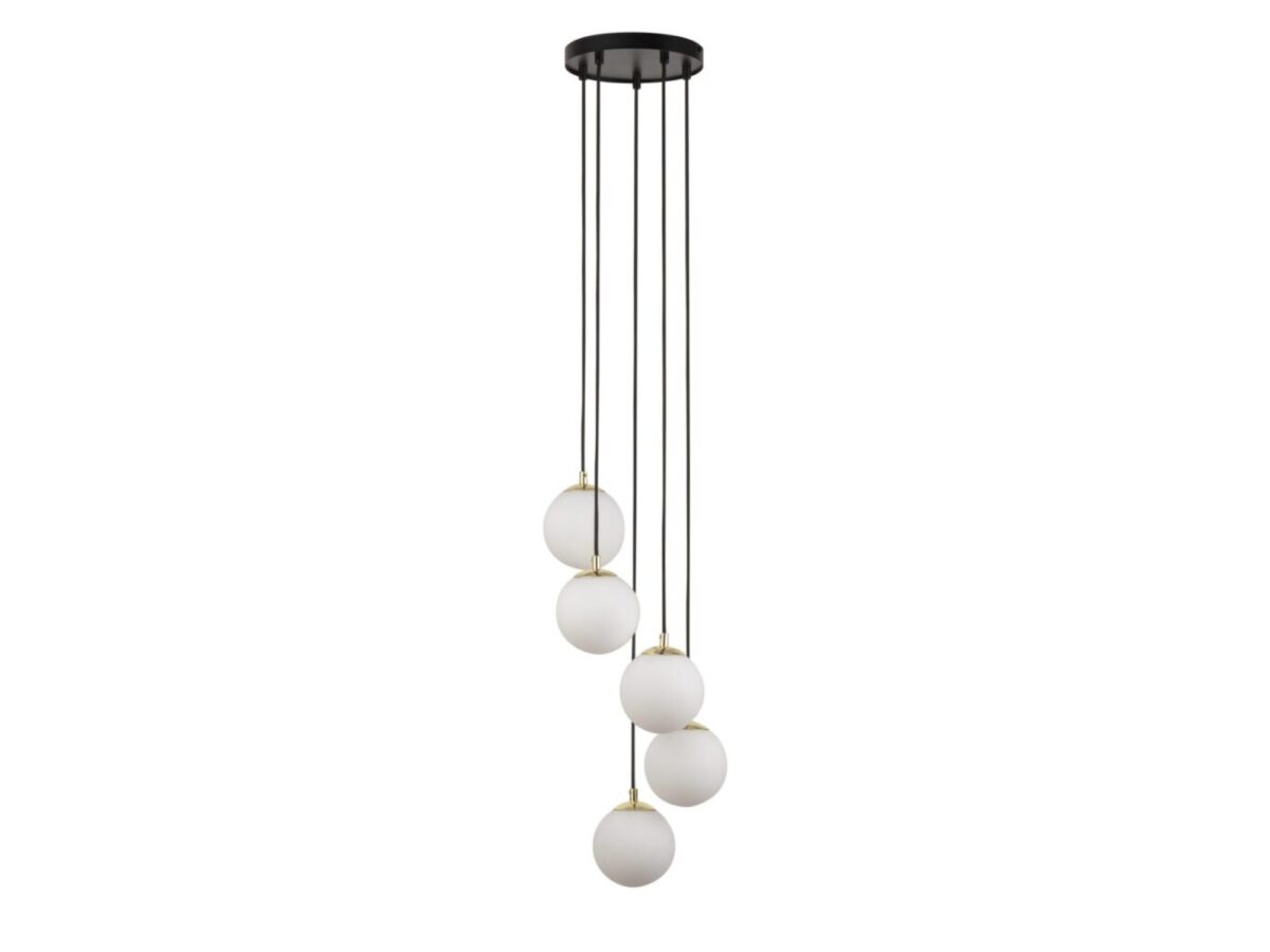 Lampa wisząca Piano 5-punktowa z białymi szklanymi kulami