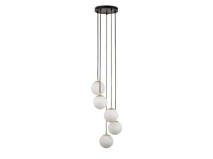 Miniaturka 4 - Lampa wisząca Piano 5 z pięcioma białymi szklanymi kulami na jasnym tle