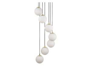 Miniaturka 1 - Lampa wisząca Piano 7 zbliżenie białych szklanych kul na czarnych przewodach