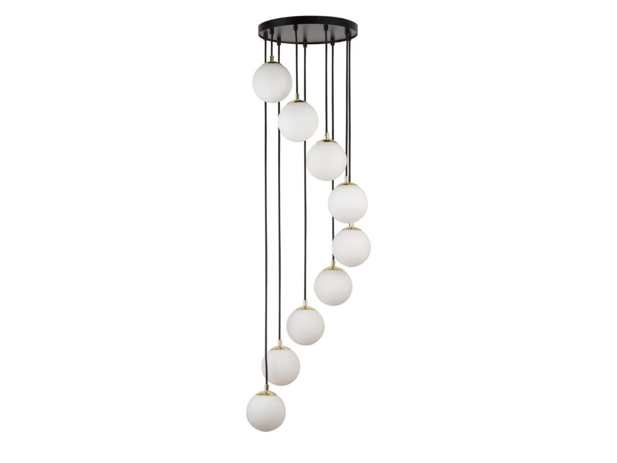 Lampa wisząca Piano 9-punktowa z białymi szklanymi kulami