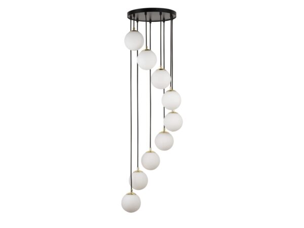 Lampa wisząca Piano 9 czarno-złota z dziewięcioma białymi kulami na kaskadowym zawieszeniu
