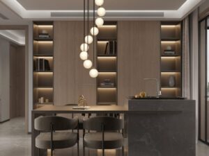 Miniaturka 2 - Lampa wisząca Piano 9 z dziewięcioma świecącymi białymi kulami nad stołem