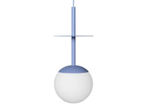 Miniaturka 9 - Niebieska lampa wisząca PLAAT A z talerzem i mlecznym kulistym kloszem na białym tle