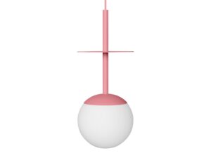 Miniaturka 11 - Różowa lampa wisząca PLAAT A z talerzem i mlecznym kulistym kloszem na białym tle