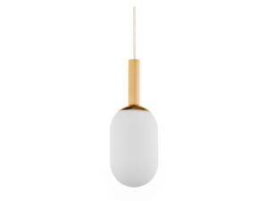 Miniaturka 4 - Zbliżenie mlecznego szklanego klosza i złotego korpusu lampy Pluum 1 S