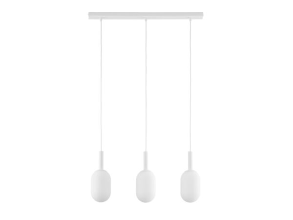 Lampa wisząca Pluum 3 prosty biała z trzema szklanymi kloszami na białym tle