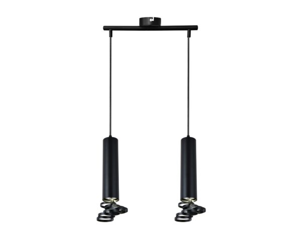 Czarna lampa wisząca z dwoma cylindrycznymi reflektorami GU10 i spiralnymi osłonami
