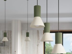 Miniaturka 29 - Lampa wisząca potrójna Avelira 30 cm beżowy + zielony oliwkowy nad stołem – zbliżenie