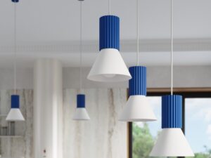 Miniaturka 16 - Lampa wisząca potrójna Avelira 30 cm biały + ultramaryna nad stołem – zbliżenie