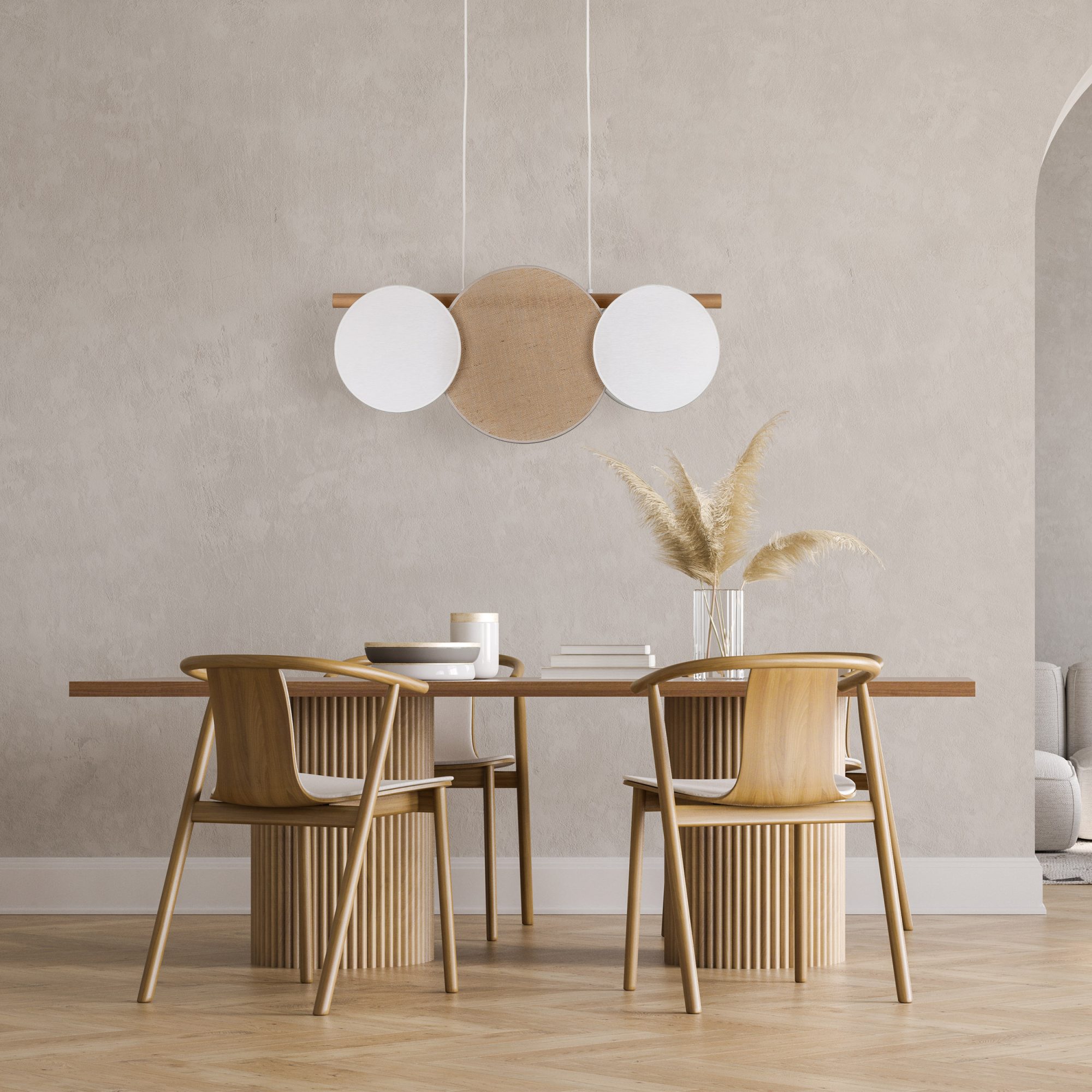 Lampa wisząca Pulse 3-punktowa z drewnianym stelażem w aranżacji wnętrza
