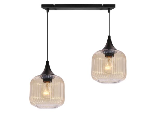 Lampa wisząca Raladia czarna z dwoma ryflowanymi bursztynowymi kloszami