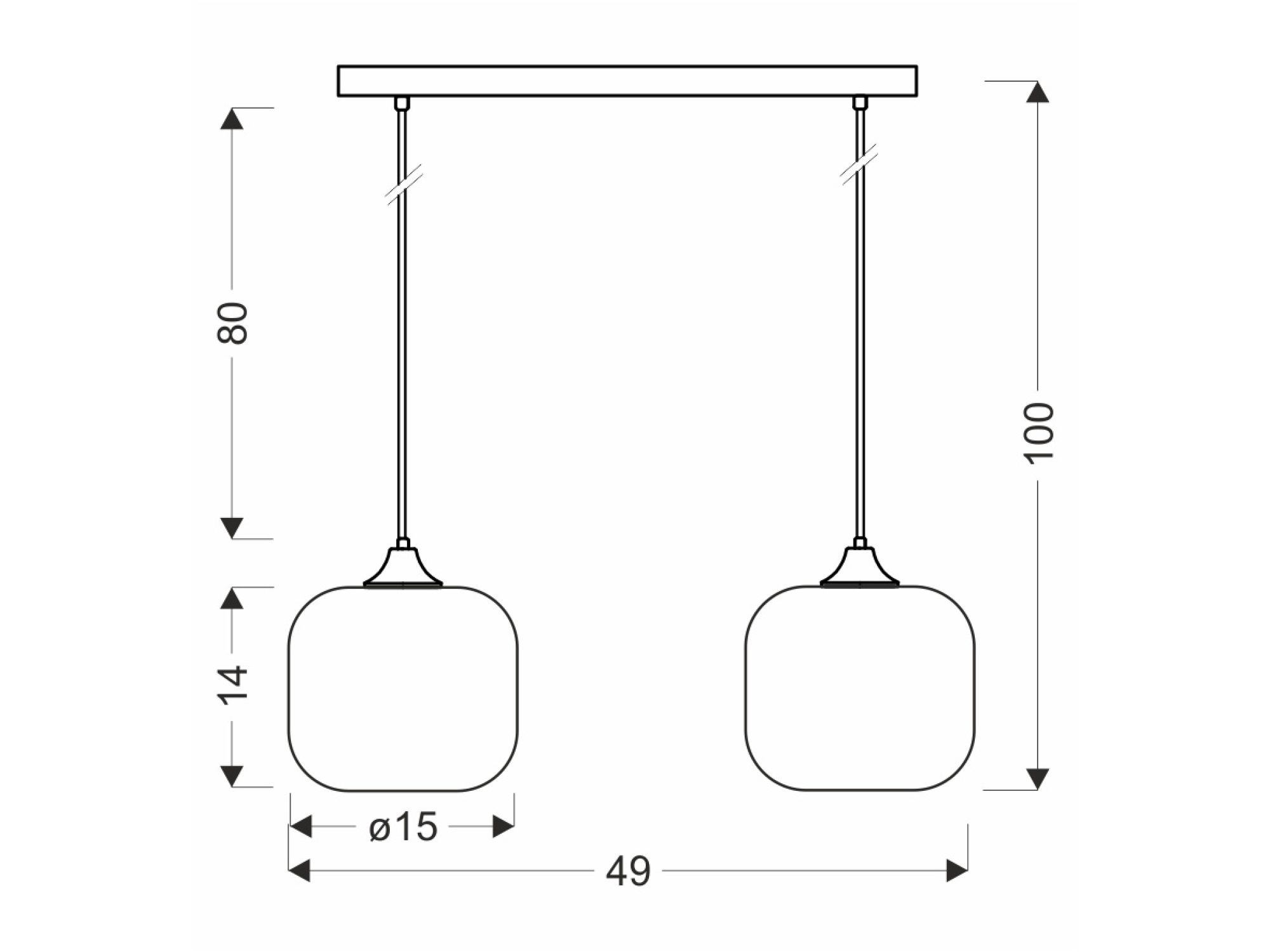 Rysunek wymiarowy lampy Raladia – szerokość 49 cm i wysokość 100 cm