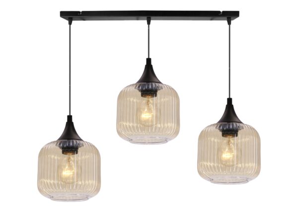 Lampa wisząca Raladia czarna z trzema ryflowanymi bursztynowymi kloszami