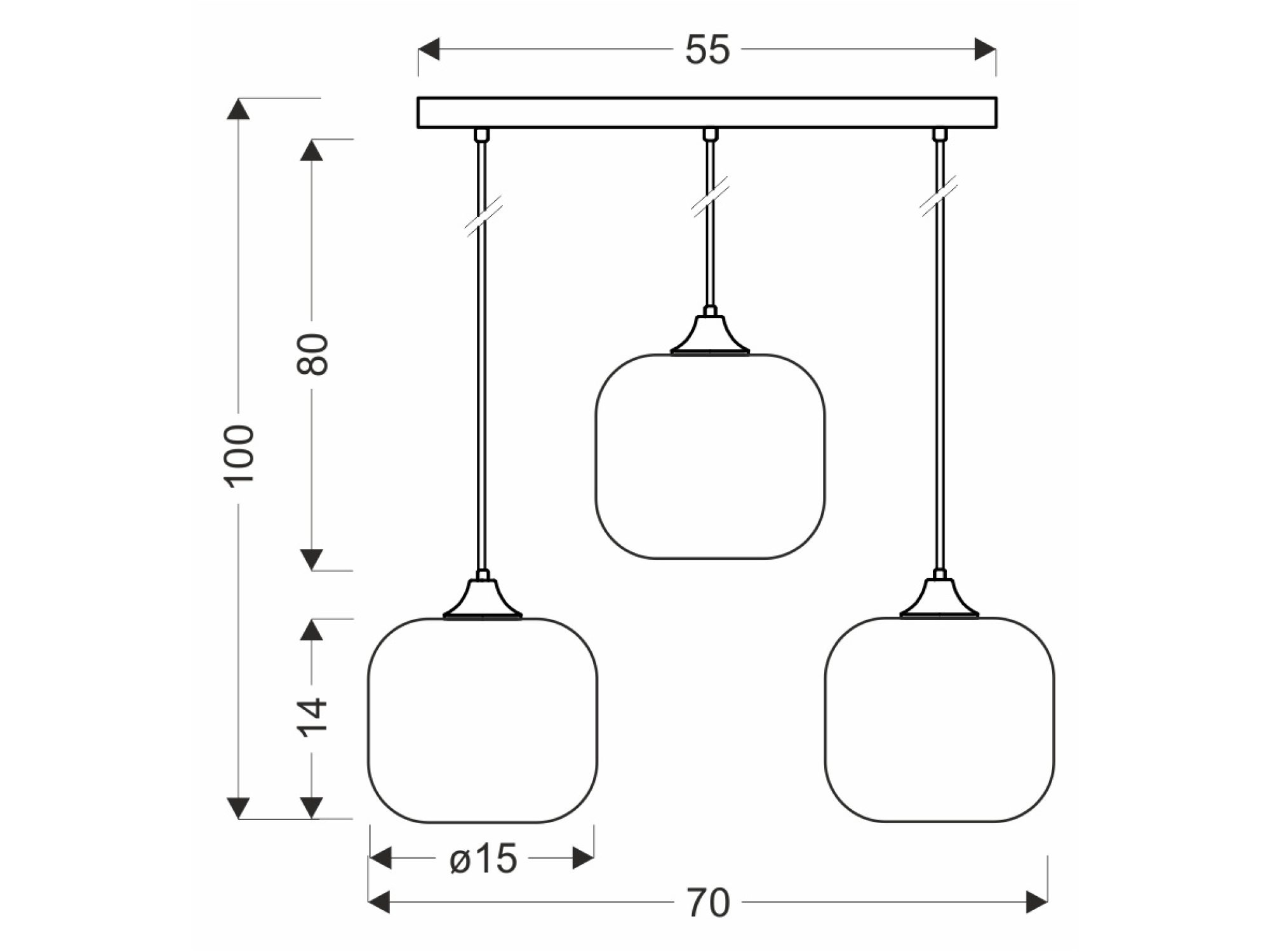 Rysunek wymiarowy lampy Raladia 3 klosze, szerokość 70 cm, wysokość 100 cm