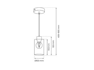 Miniaturka 3 - Rysunek wymiarowy pojedynczej lampy Raletona z kloszem 10 cm i zwisem 40–90 cm