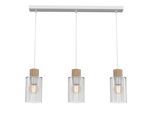 Lampa wisząca Raletona z trzema szklanymi kloszami ustawionymi w rzędzie na białej listwie