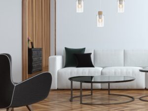 Miniaturka 2 - Lampa Raletona z trzema szklanymi kloszami na listwie nad kanapą