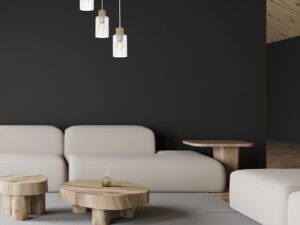 Miniaturka 1 - Lampa Raletona z trzema zwisami na okrągłej podstawie nad sofą