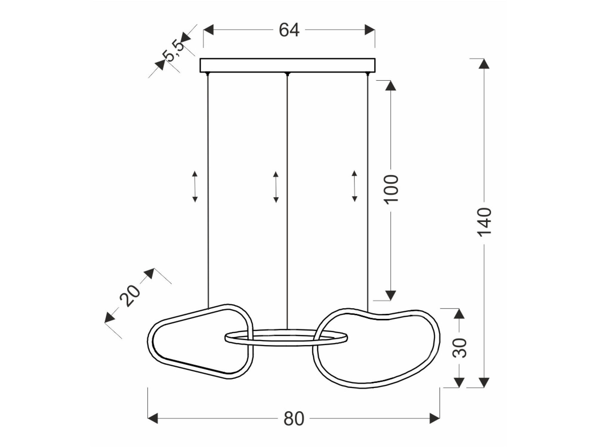Rysunek wymiarów złotej lampy Revisora szerokość 80 cm i wysokość 140 cm