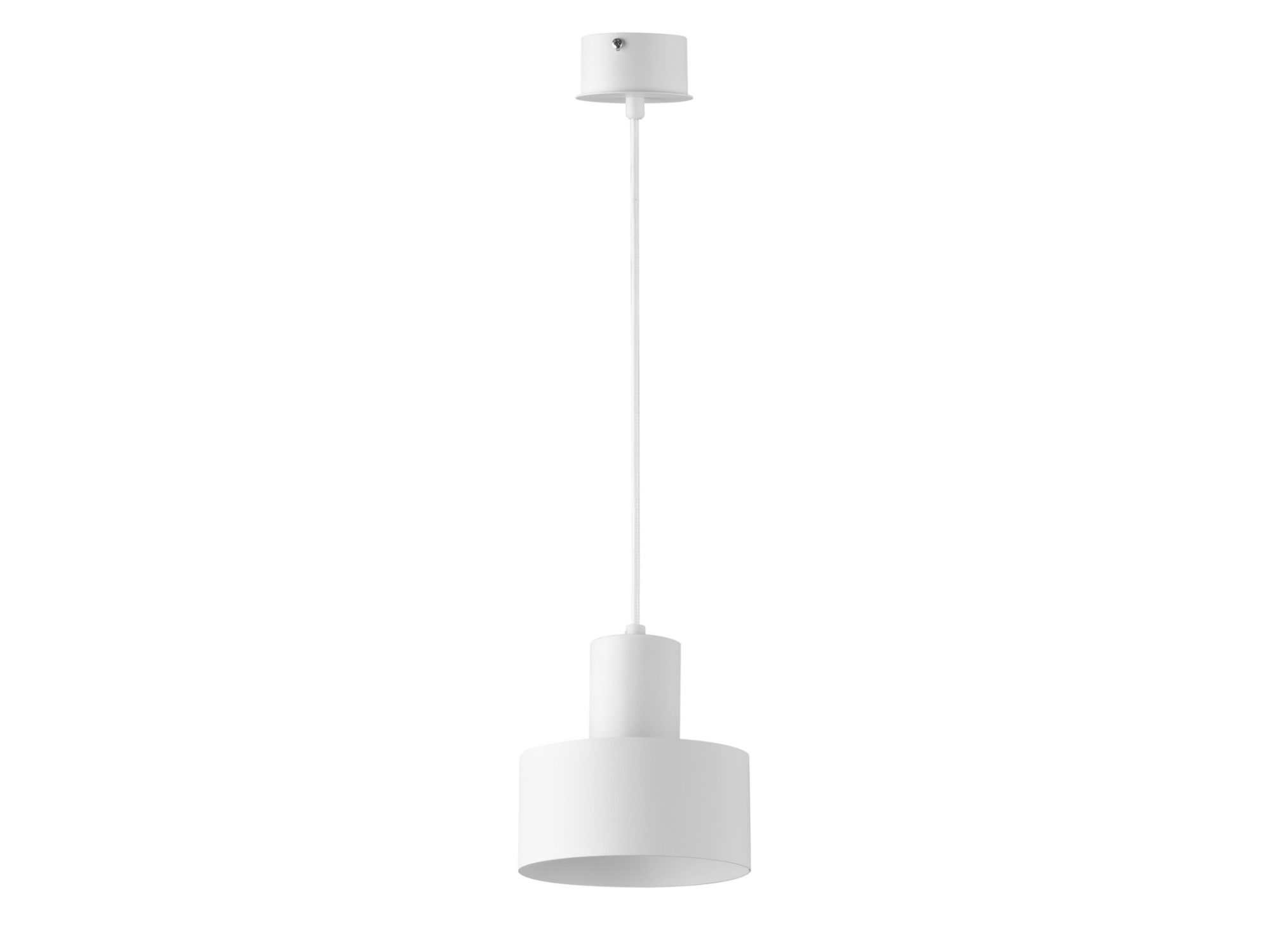 Lampa wisząca Rif 1 S biała, widok całej oprawy z kloszem i rozetą