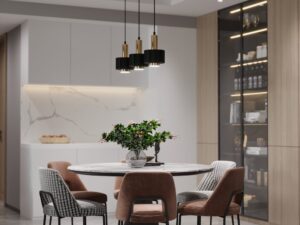 Miniaturka 4 - Trzy lampy wiszące Rif Lux 1 S czarno-złote nad stołem w nowoczesnej jadalni