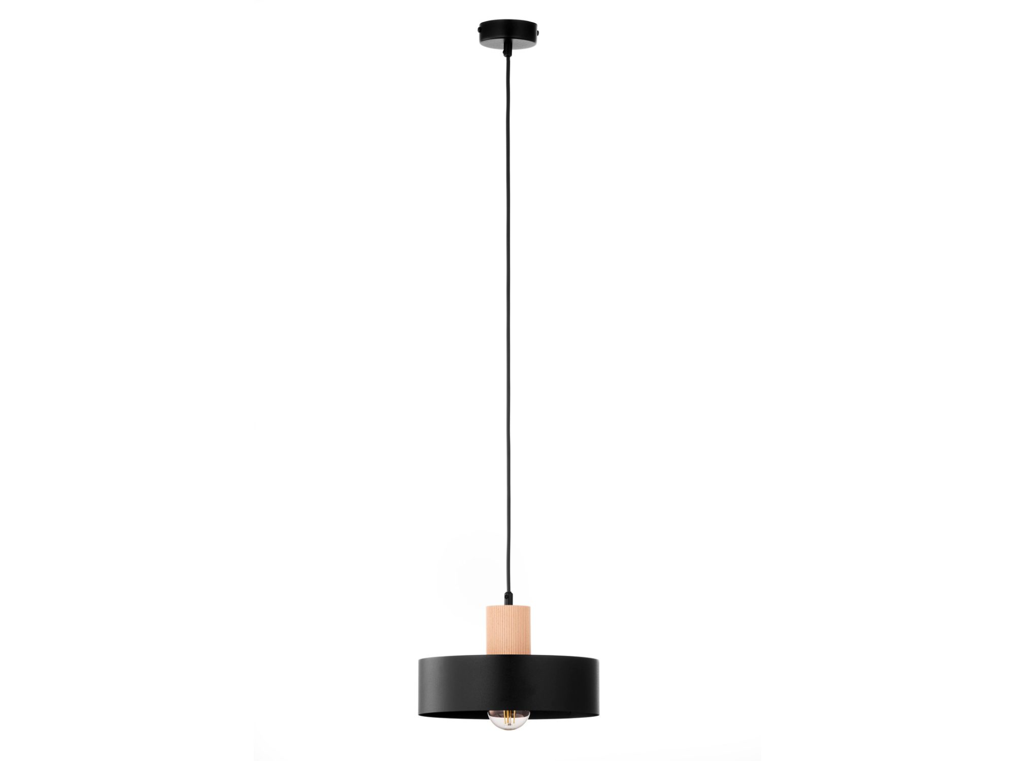 Lampa wisząca Rif Wood 1 M z czarnym kloszem i jasnym naturalnym drewnem, pełny widok