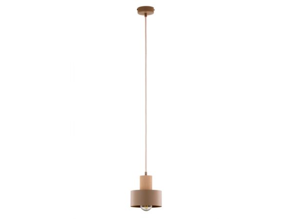 Lampa wisząca Rif Wood 1 S ciepły beż i drewno naturalne, cały zwis na białym tle