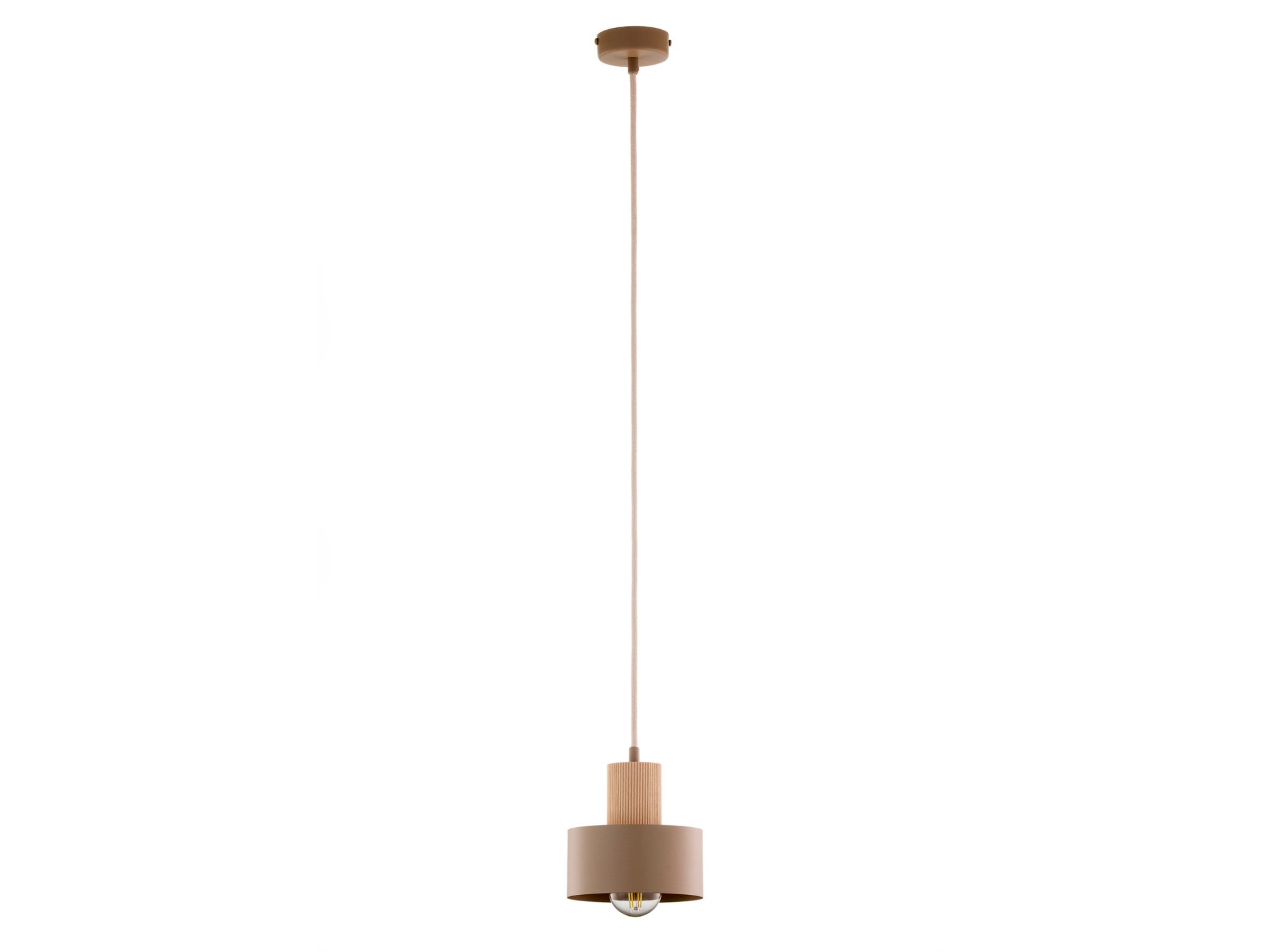 Lampa wisząca Rif Wood 1 S ciepły beż i drewno naturalne, cały zwis na białym tle