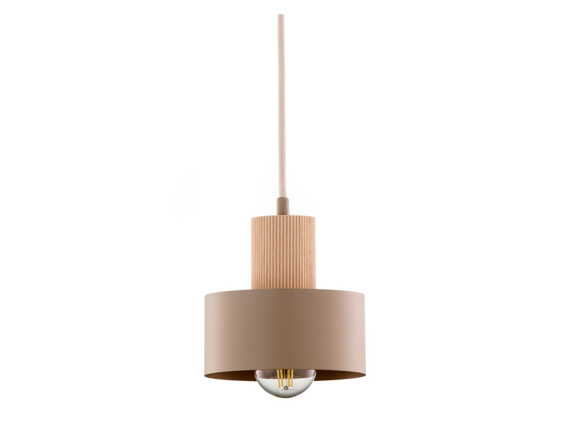 Lampa wisząca Rif Wood 1 S, beżowy metalowy klosz i ryflowany drewniany trzonek