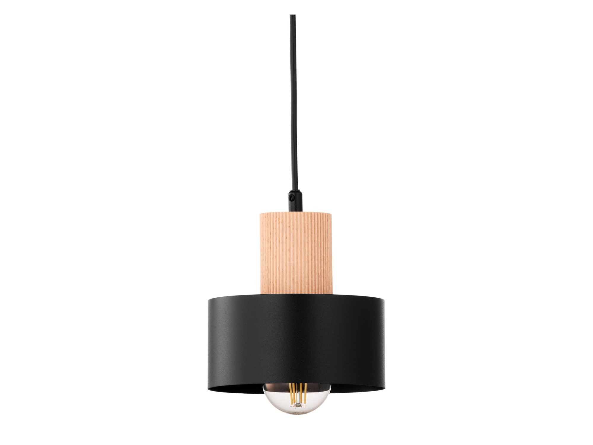 Lampa wisząca Rif Wood 1 S, czarny klosz i jasne naturalne drewno w zbliżeniu