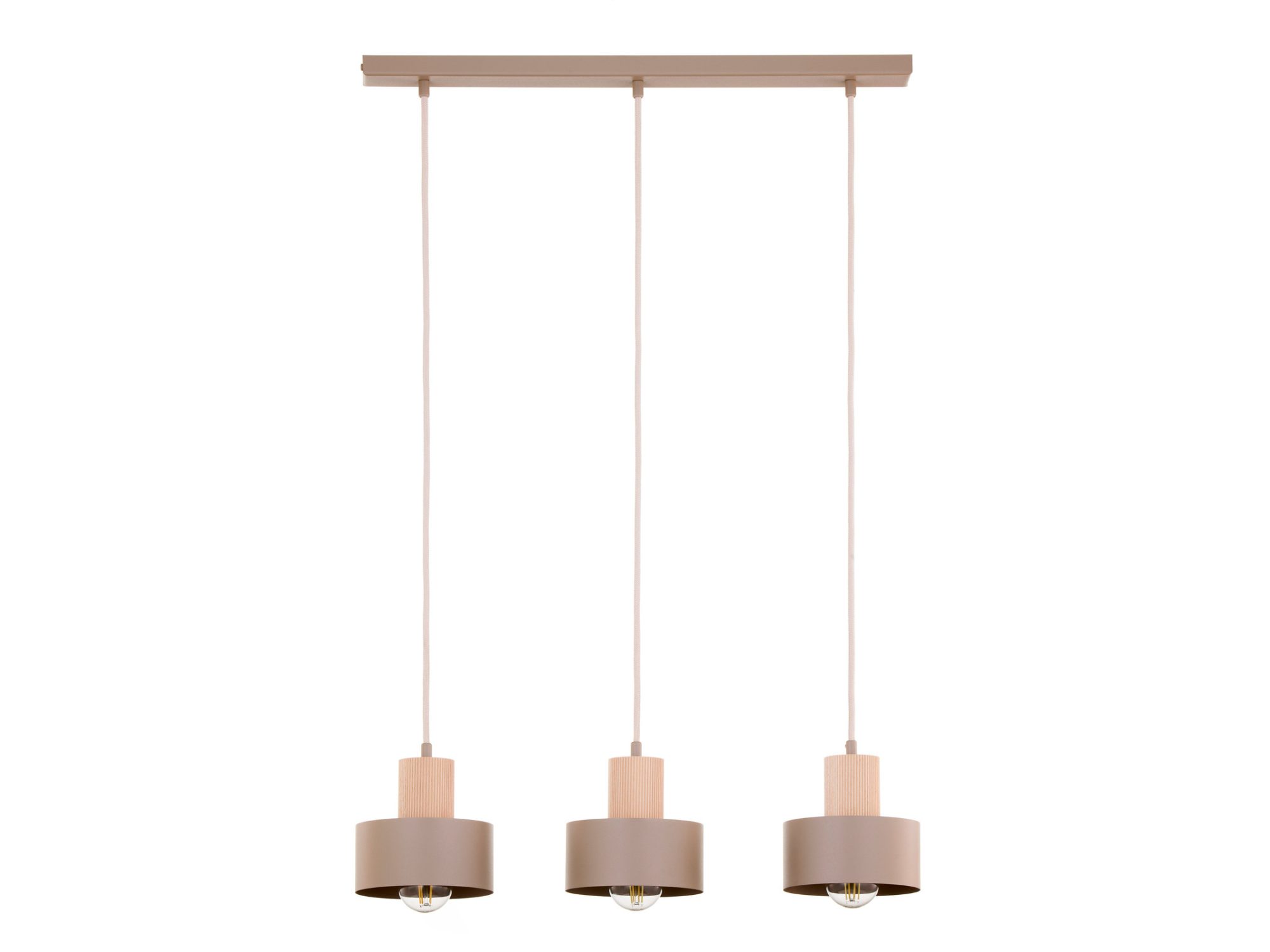Lampa wisząca Rif Wood 3 ciepły beż z drewnem naturalnym i trzema kloszami w linii