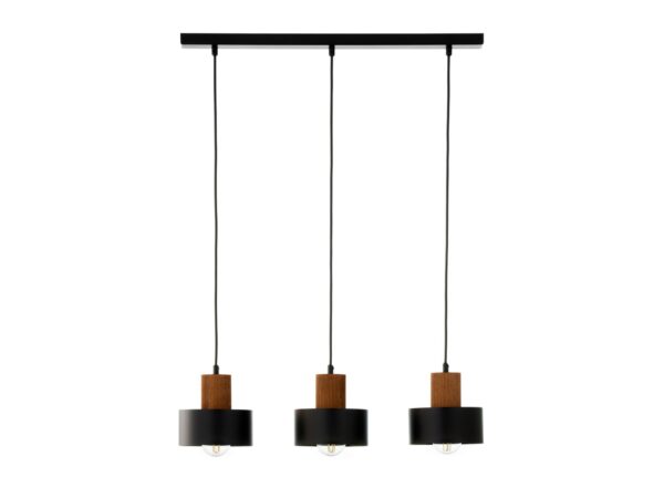 Lampa wisząca Rif Wood 3 czarna z jasnobrązowym drewnem i trzema kloszami w linii