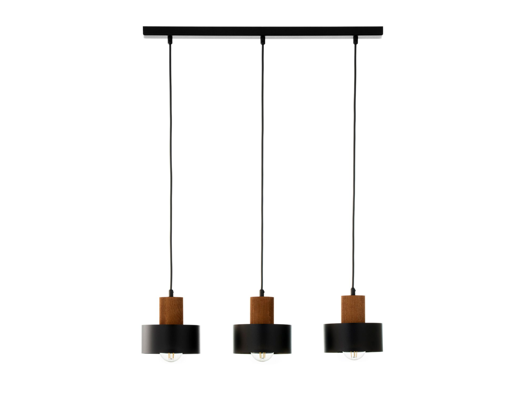Lampa wisząca Rif Wood 3 czarna z jasnobrązowym drewnem i trzema kloszami w linii