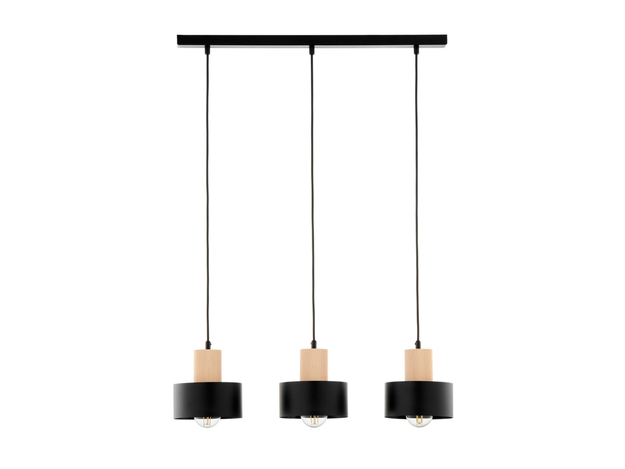 Lampa wisząca Rif Wood 3 czarna z jasnym naturalnym drewnem, widok pełnej oprawy