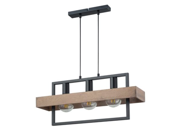 Lampa wisząca Robin 3 z trzema brązowymi kloszami ze sklejki w czarnej metalowej ramie na białym tle