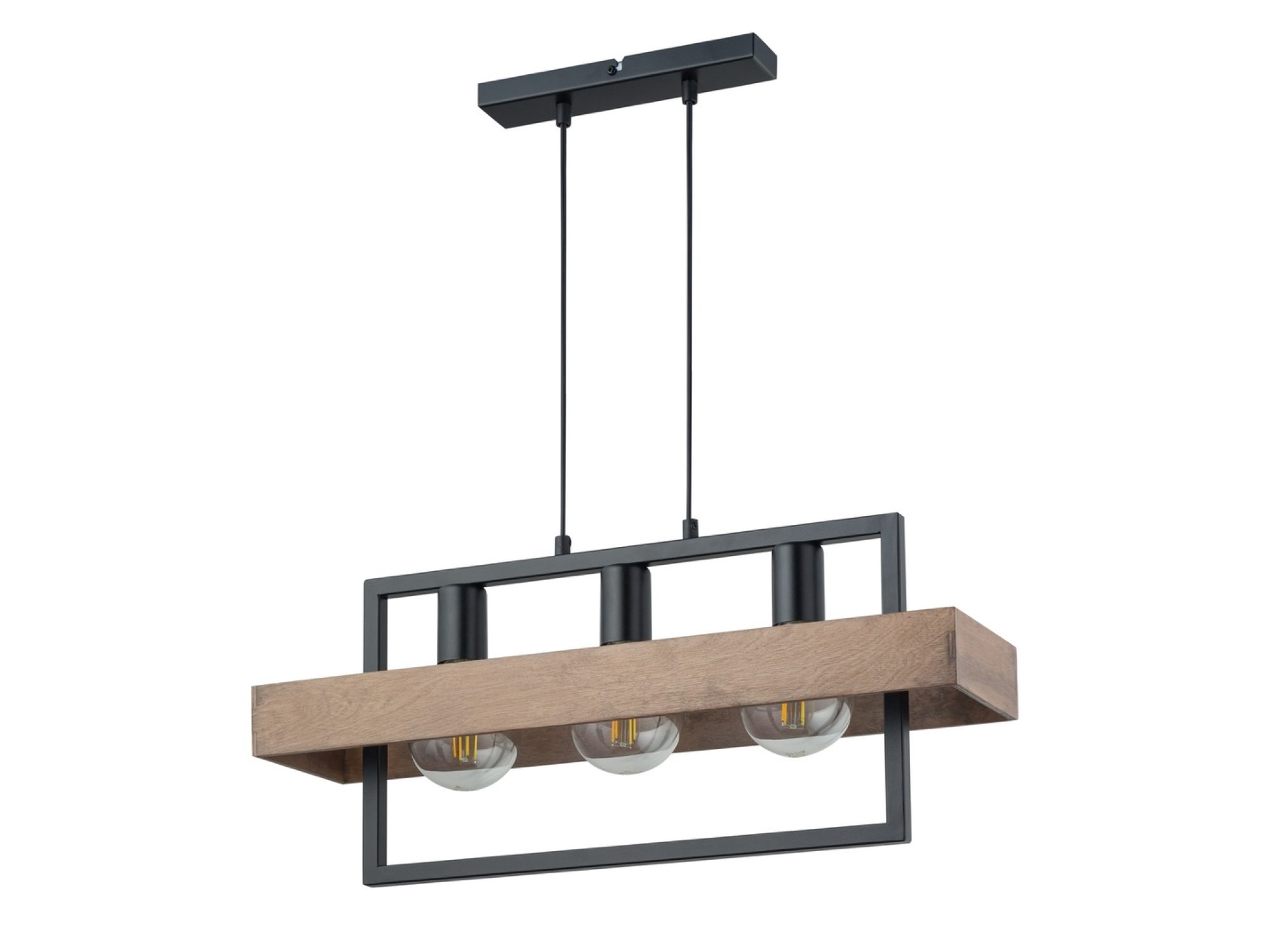 Lampa wisząca Robin 3 z trzema brązowymi kloszami ze sklejki w czarnej metalowej ramie na białym tle