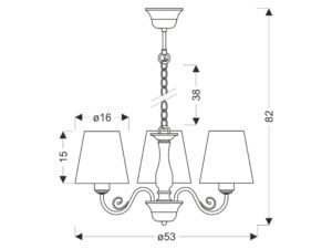 Miniaturka 2 - Rysunek wymiarowy lampy wiszącej Romedia o szerokości 53 cm i wysokości 82 cm