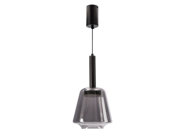 Czarna lampa wisząca Rominia z szarym przydymionym szklanym kloszem na białym tle