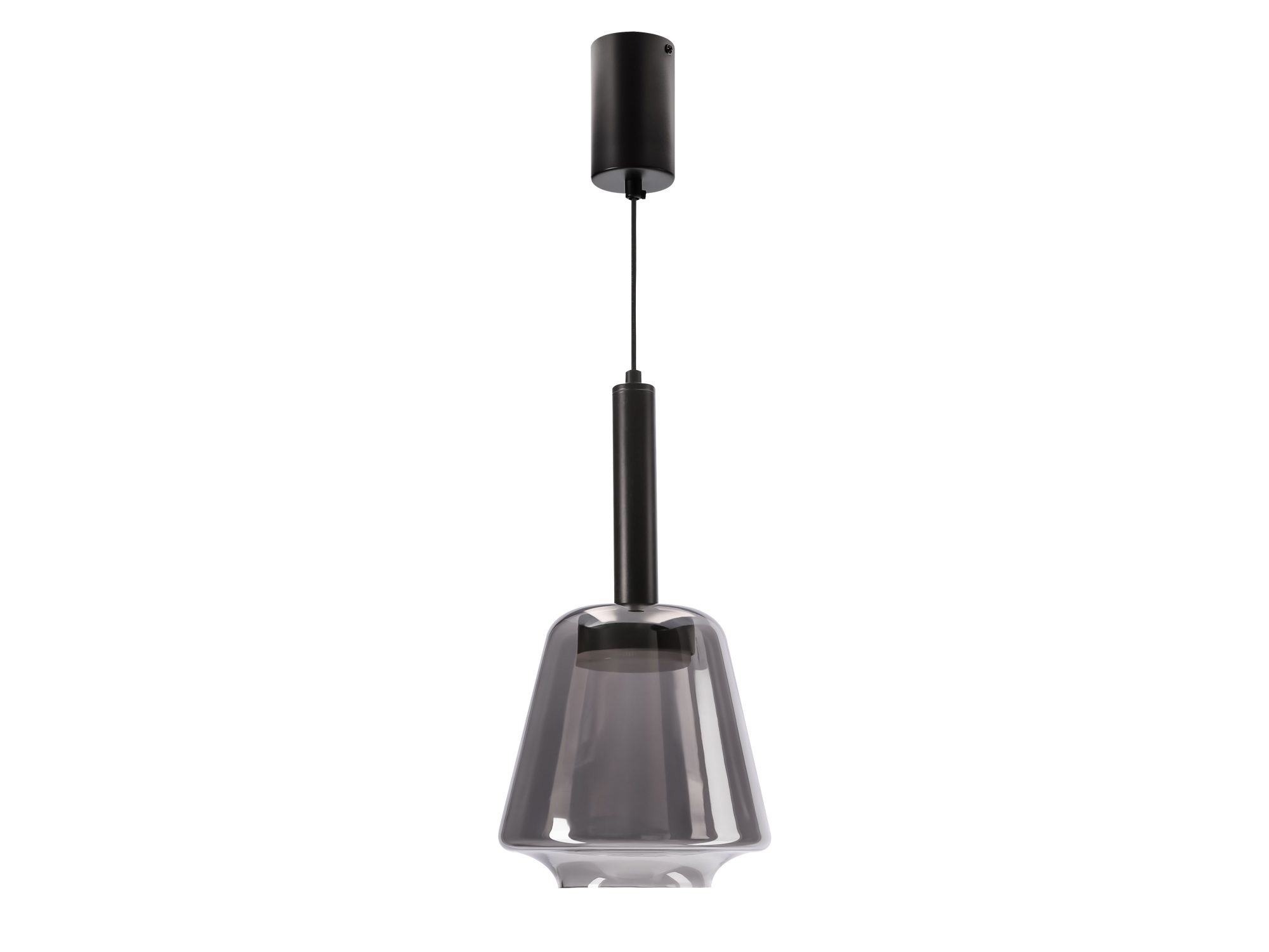 Czarna lampa wisząca Rominia z szarym przydymionym szklanym kloszem na białym tle